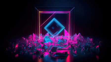 Concept illustration of abstraction of neon geometric shapes with crystals. Generative AIの素材