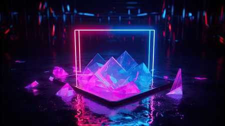 Concept illustration of abstraction of neon geometric shapes with crystals. Generative AIの素材