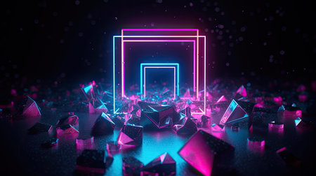 Concept illustration of abstraction of neon geometric shapes with crystals. Generative AIの素材