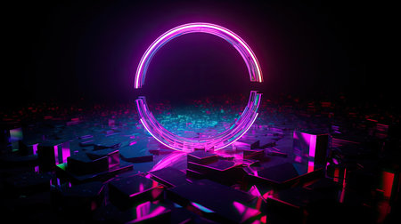 Concept illustration of abstraction of neon geometric shapes with crystals. Generative AIの素材