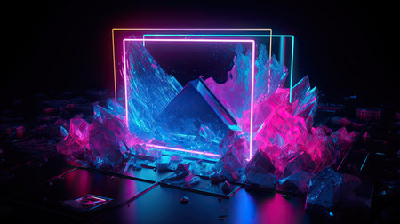 Concept illustration of abstraction of neon geometric shapes with crystals. Generative AIの素材