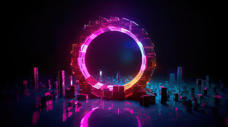 Concept illustration of abstraction of neon geometric shapes with crystals. Generative AIの素材