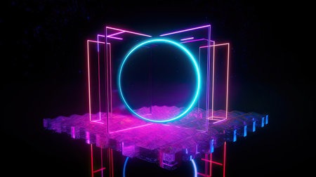 Concept illustration of abstraction of neon geometric shapes with crystals. Generative AIの素材