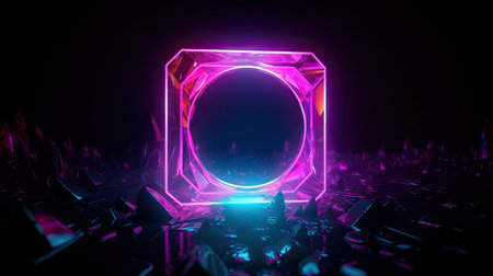 Concept illustration of abstraction of neon geometric shapes with crystals. Generative AIの素材