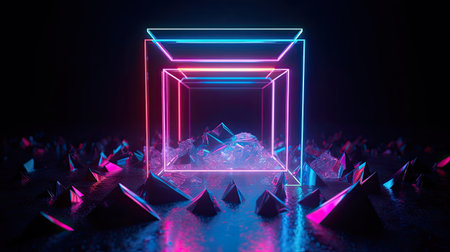 Concept illustration of abstraction of neon geometric shapes with crystals. Generative AIの素材