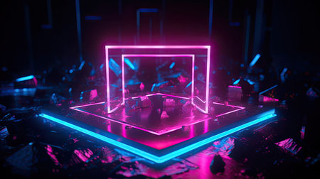 Concept illustration of abstraction of neon geometric shapes with crystals. Generative AIの素材