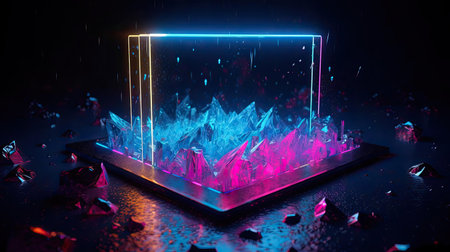 Concept illustration of abstraction of neon geometric shapes with crystals. Generative AIの素材