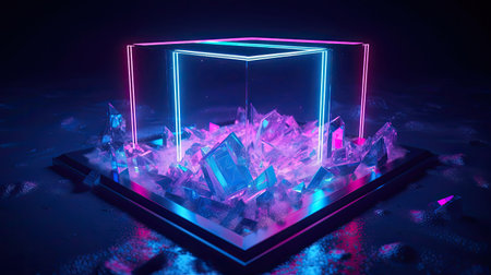 Concept illustration of abstraction of neon geometric shapes with crystals. Generative AIの素材