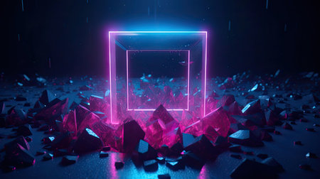Concept illustration of abstraction of neon geometric shapes with crystals. Generative AIの素材
