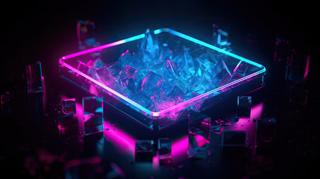 Concept illustration of abstraction of neon geometric shapes with crystals. Generative AIの素材