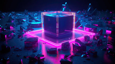 Concept illustration of abstraction of neon geometric shapes with crystals. Generative AIの素材
