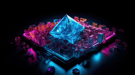 Concept illustration of abstraction of neon geometric shapes with crystals. Generative AIの素材