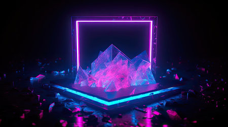 Concept illustration of abstraction of neon geometric shapes with crystals. Generative AIの素材