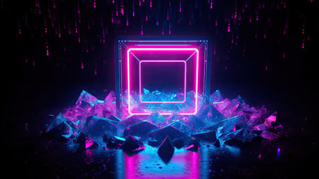 Concept illustration of abstraction of neon geometric shapes with crystals. Generative AIの素材
