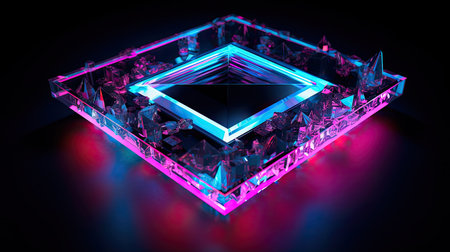 Concept illustration of abstraction of neon geometric shapes with crystals. Generative AIの素材