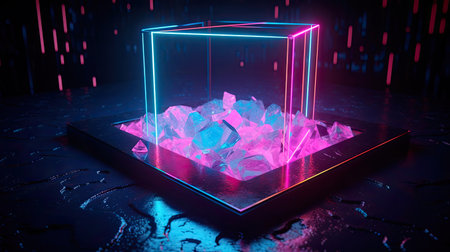 Concept illustration of abstraction of neon geometric shapes with crystals. Generative AIの素材