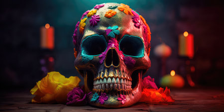 Concept illustration of day Of the dead, Colorful Skull, Vivid solid color background. Generative AIの素材