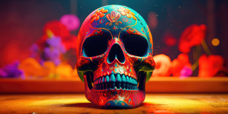 Concept illustration of day Of the dead, Colorful Skull, Vivid solid color background. Generative AIの素材