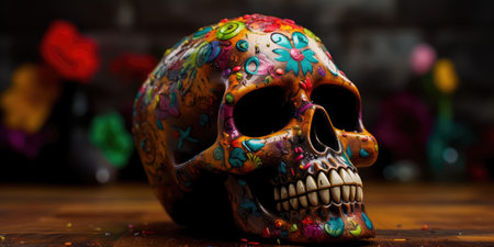 Concept illustration of day Of the dead, Colorful Skull, Vivid solid color background. Generative AIの素材