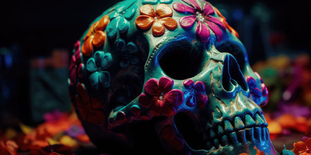 Concept illustration of day Of the dead, Colorful Skull, Vivid solid color background. Generative AIの素材