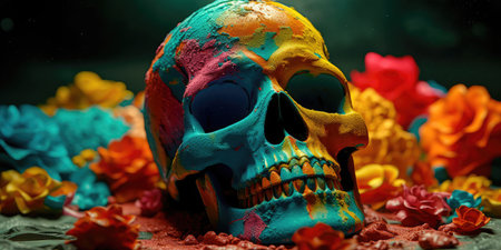 Concept illustration of day Of the dead, Colorful Skull, Vivid solid color background. Generative AIの素材