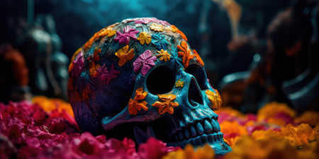 Concept illustration of day Of the dead, Colorful Skull, Vivid solid color background. Generative AIの素材