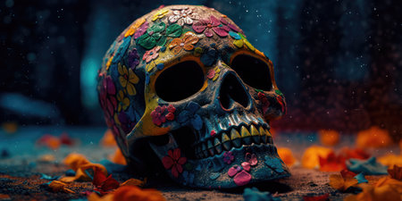 Concept illustration of day Of the dead, Colorful Skull, Vivid solid color background. Generative AIの素材