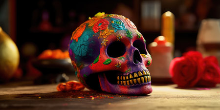 Concept illustration of day Of the dead, Colorful Skull, Vivid solid color background. Generative AIの素材