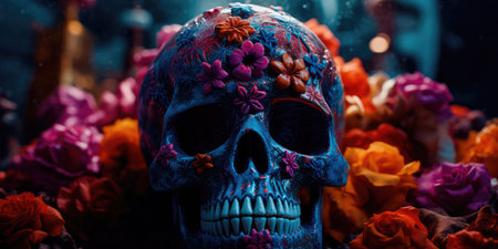 Concept illustration of day Of the dead, Colorful Skull, Vivid solid color background. Generative AIの素材