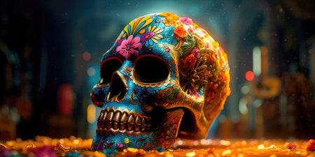 Concept illustration of day Of the dead, Colorful Skull, Vivid solid color background. Generative AIの素材