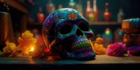 Concept illustration of day Of the dead, Colorful Skull, Vivid solid color background. Generative AIの素材