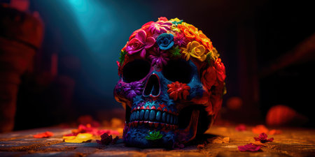 Concept illustration of day Of the dead, Colorful Skull, Vivid solid color background. Generative AIの素材