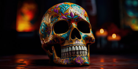 Concept illustration of day Of the dead, Colorful Skull, Vivid solid color background. Generative AIの素材