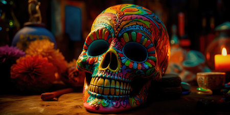 Concept illustration of day Of the dead, Colorful Skull, Vivid solid color background. Generative AIの素材