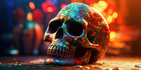 Concept illustration of day Of the dead, Colorful Skull, Vivid solid color background. Generative AIの素材