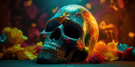 Concept illustration of day Of the dead, Colorful Skull, Vivid solid color background. Generative AIの素材