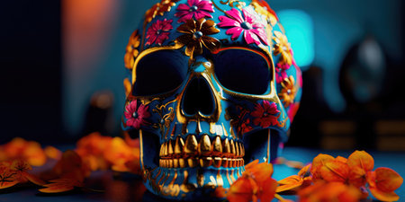 Concept illustration of day Of the dead, Colorful Skull, Vivid solid color background. Generative AIの素材