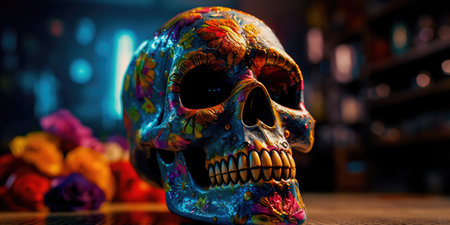Concept illustration of day Of the dead, Colorful Skull, Vivid solid color background. Generative AIの素材
