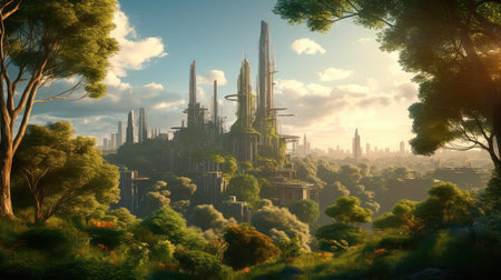 Concept illustration of solarpunk futuristic glass city and nature. Generative AIの素材