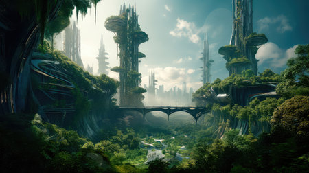 Concept illustration of solarpunk futuristic glass city and nature. Generative AIの素材