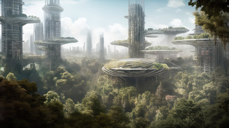 Concept illustration of solarpunk futuristic glass city and nature. Generative AIの素材