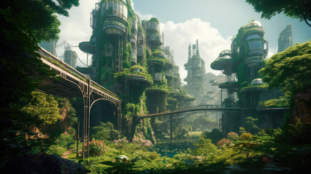 Concept illustration of solarpunk futuristic glass city and nature. Generative AIの素材