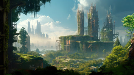 Concept illustration of solarpunk futuristic glass city and nature. Generative AIの素材