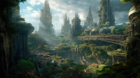 Concept illustration of solarpunk futuristic glass city and nature. Generative AIの素材