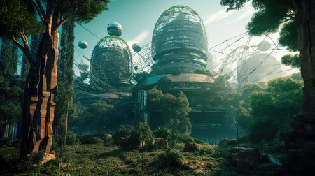 Concept illustration of solarpunk futuristic glass city and nature. Generative AIの素材