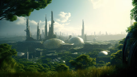 Concept illustration of solarpunk futuristic glass city and nature. Generative AIの素材