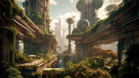 Concept illustration of solarpunk futuristic glass city and nature. Generative AIの素材