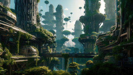 Concept illustration of solarpunk futuristic glass city and nature. Generative AIの素材