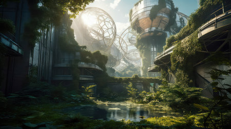 Concept illustration of solarpunk futuristic glass city and nature. Generative AIの素材