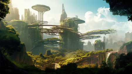 Concept illustration of solarpunk futuristic glass city and nature. Generative AIの素材